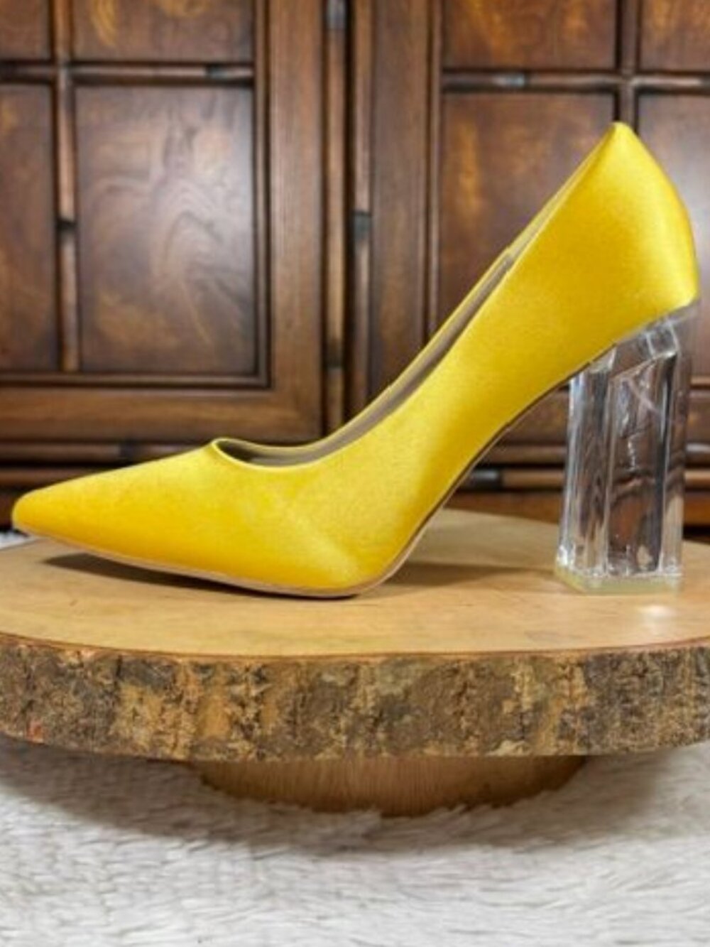 BIGTREE Yellow Satin Clear Lucite Block Heel Pointed Toe Pump - Picture 4 of 11